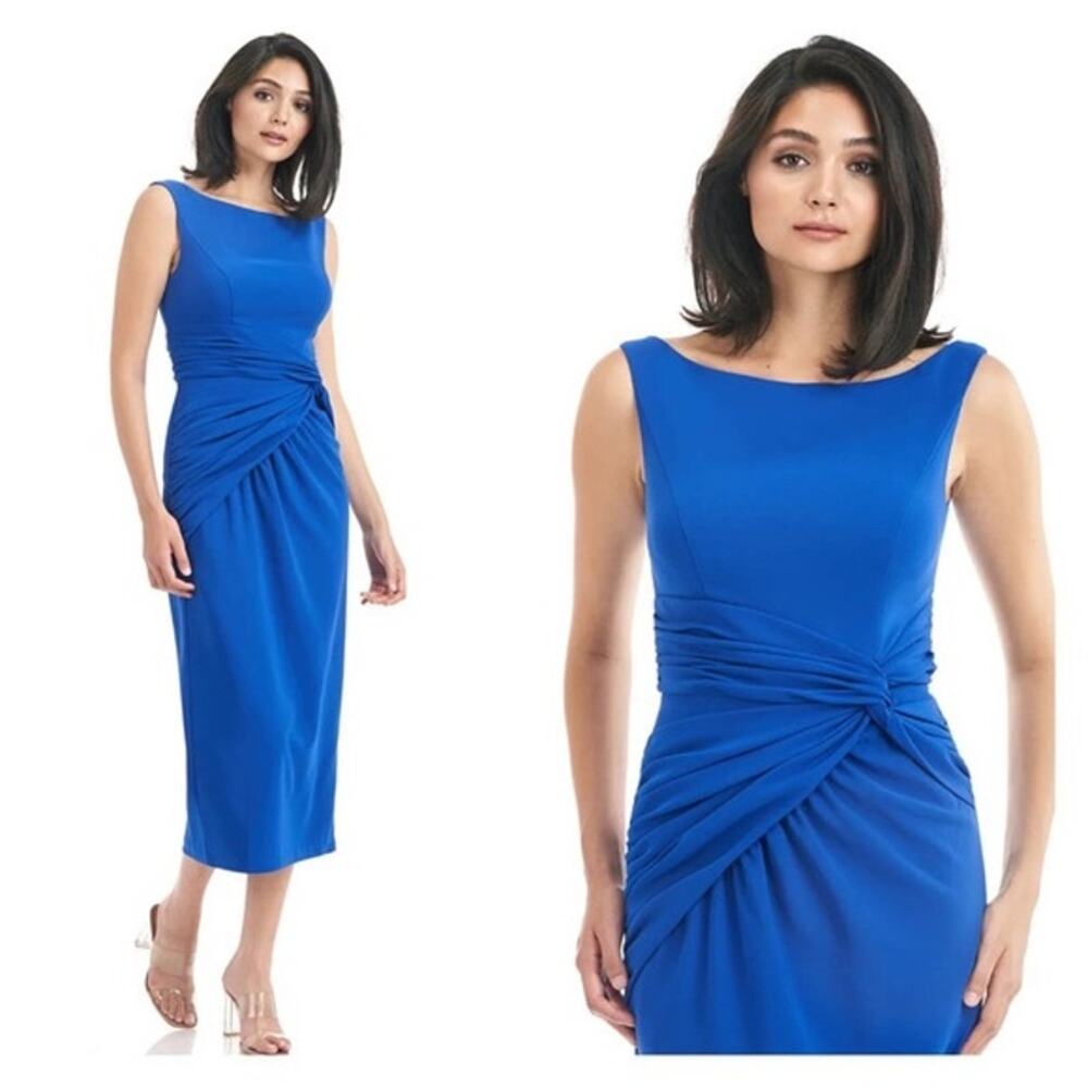 Kay Unger Sapphire Blue Sabina Knot Waist Sleeveless Cocktail Midi Dress 2